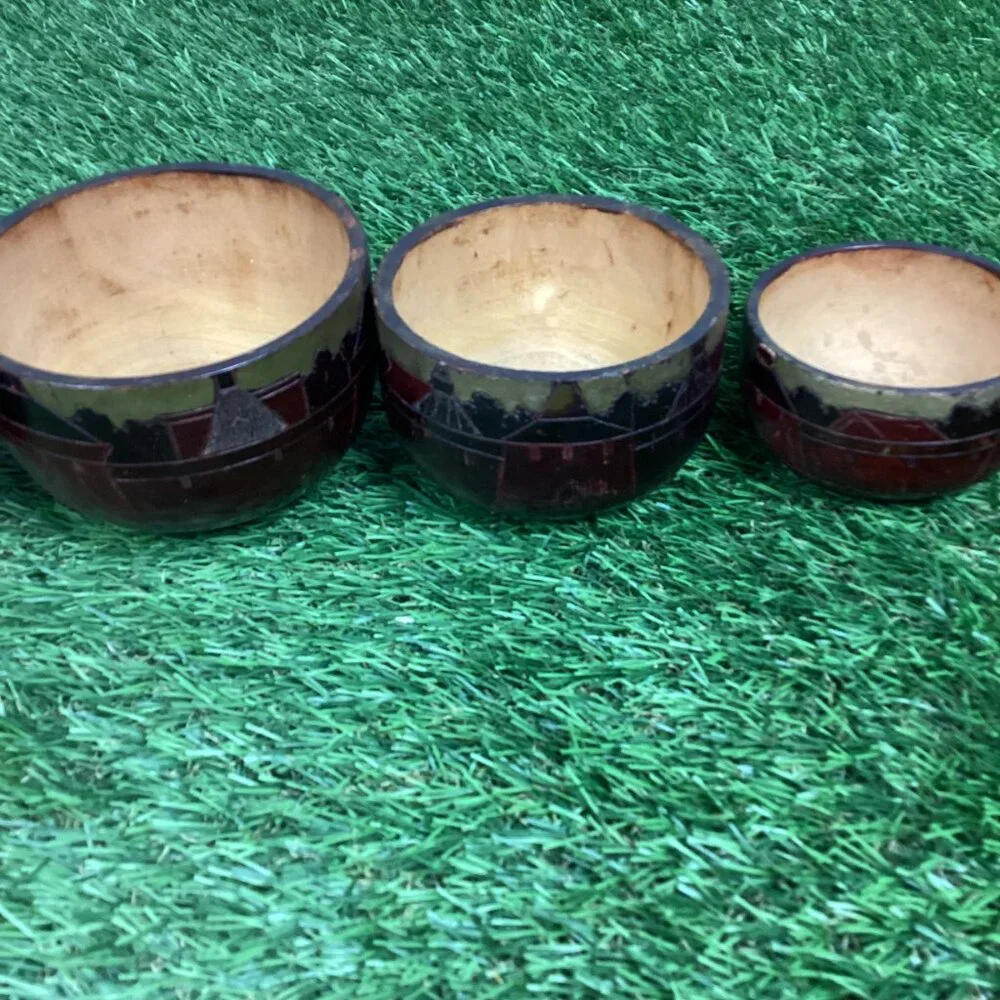 Vintage Hand Carved Nesting Bowls Tribal Design 5